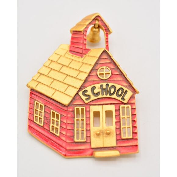 Tara Vintage School Pin Brooch Red Enamel Brushed Gold Signed 1980s Bin4 - Picture 4 of 12